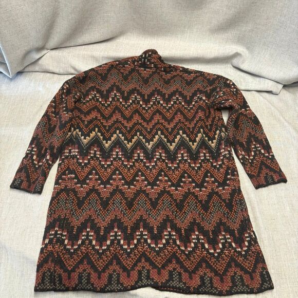 Lucky Brand Long Ikat‎ Cardigan Knit Sweater Black Maroon Wool Acrylic Medium - Picture 10 of 11